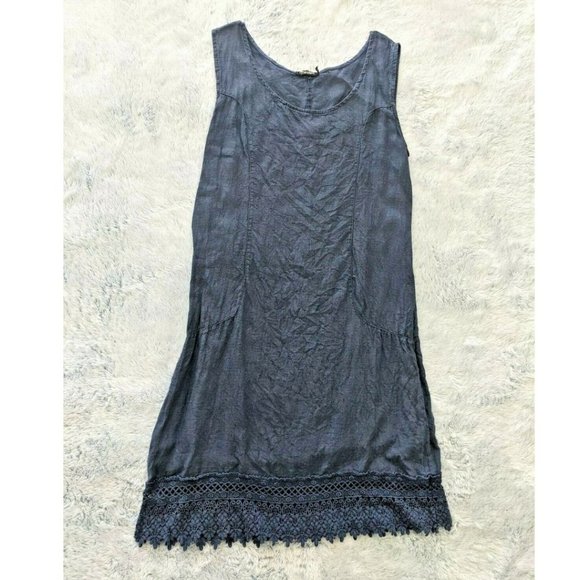 Lungo L'Arno Dress Small 100% Linen Sleeveless Crochet Trim Made in Italy BLUE - Picture 9 of 9